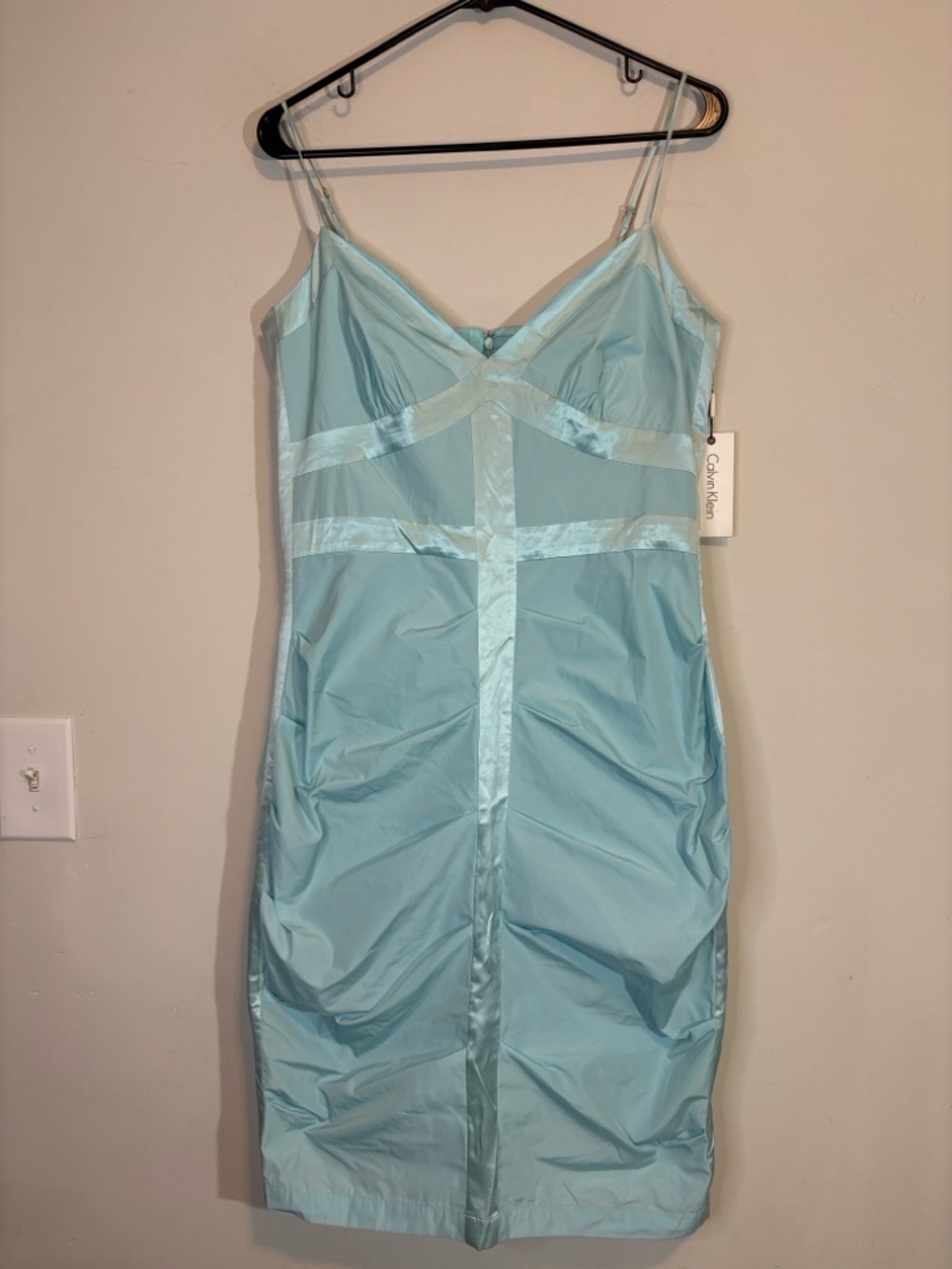 Aquamarine Baby Blue Satin Trim Slinky Ruched Bubble Mermaid Midi Dress CK 10
